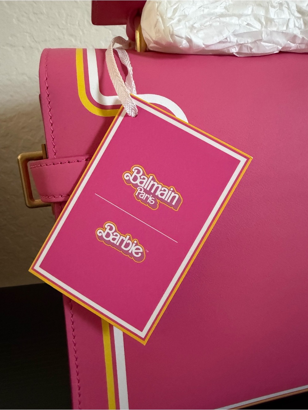 Balmain x BARBIE collab Pink and Yellow Logo Satchel with Gold Hardware - Picture 7 of 12